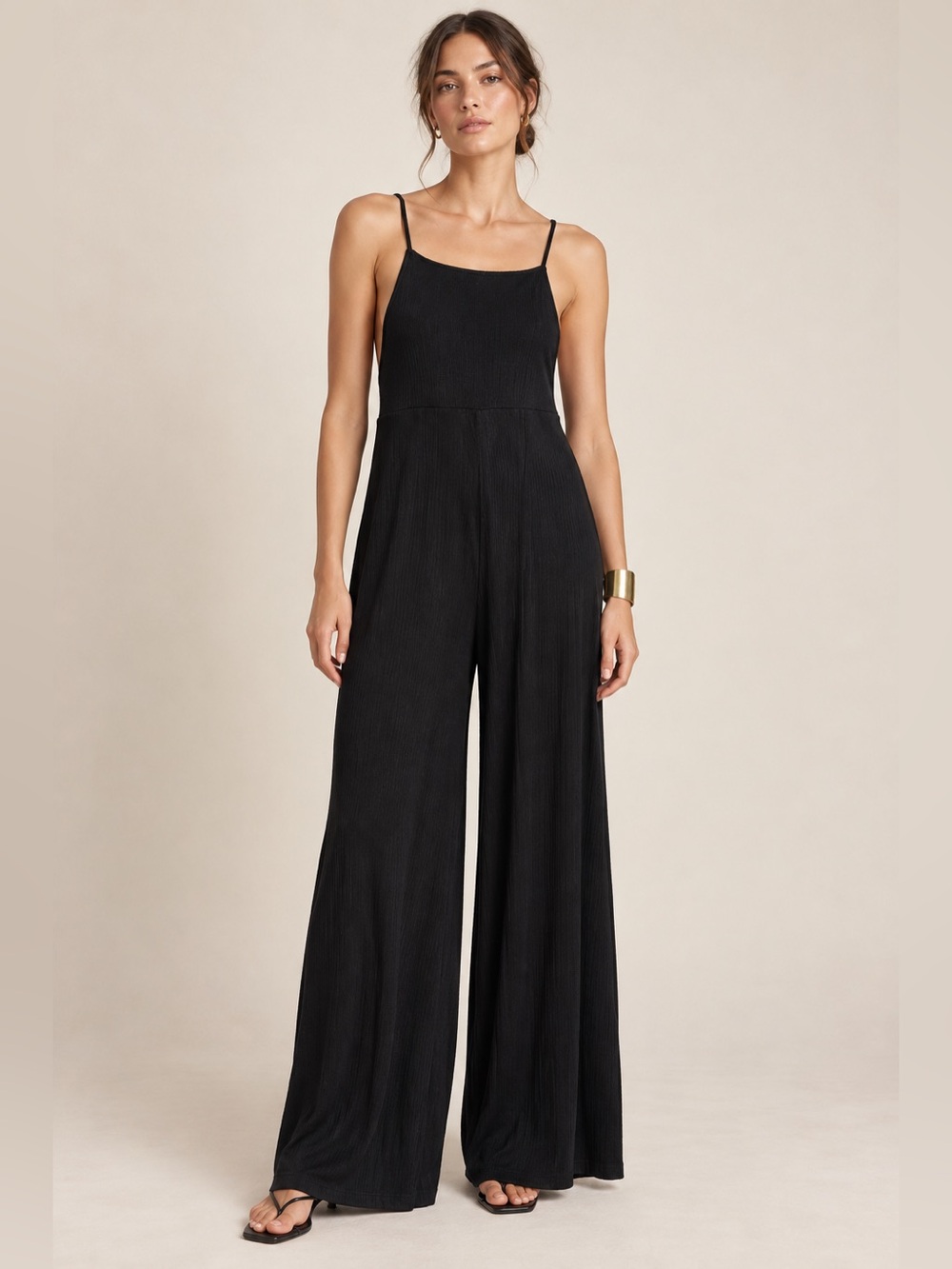 Free People FP Beach Black Ribbed Wide Leg Jumpsuit S